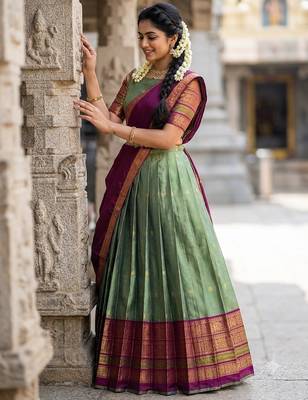 South Indian Style Semi-Stitched Half Saree with Blouse and Dupatta 3