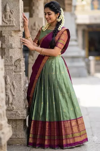 South Indian Style Semi-Stitched Half Saree with Blouse and Dupatta
