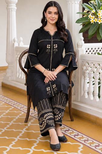 Black embroidered cotton kurta trouser set