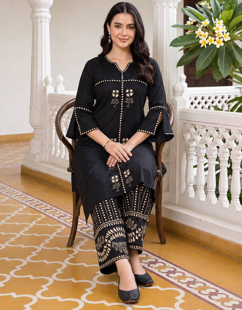 Black embroidered cotton kurta trouser set