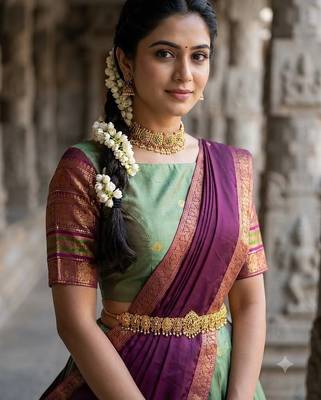 South Indian Style Semi-Stitched Half Saree with Blouse and Dupatta 4