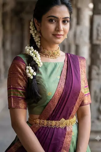 South Indian Style Semi-Stitched Half Saree with Blouse and Dupatta