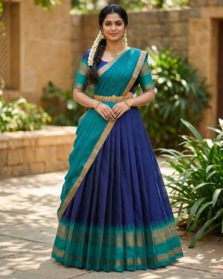 South Indian Style Semi-Stitched Half Saree with Blouse and Dupatta 1