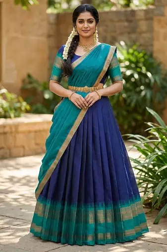 South Indian Style Semi-Stitched Half Saree with Blouse and Dupatta