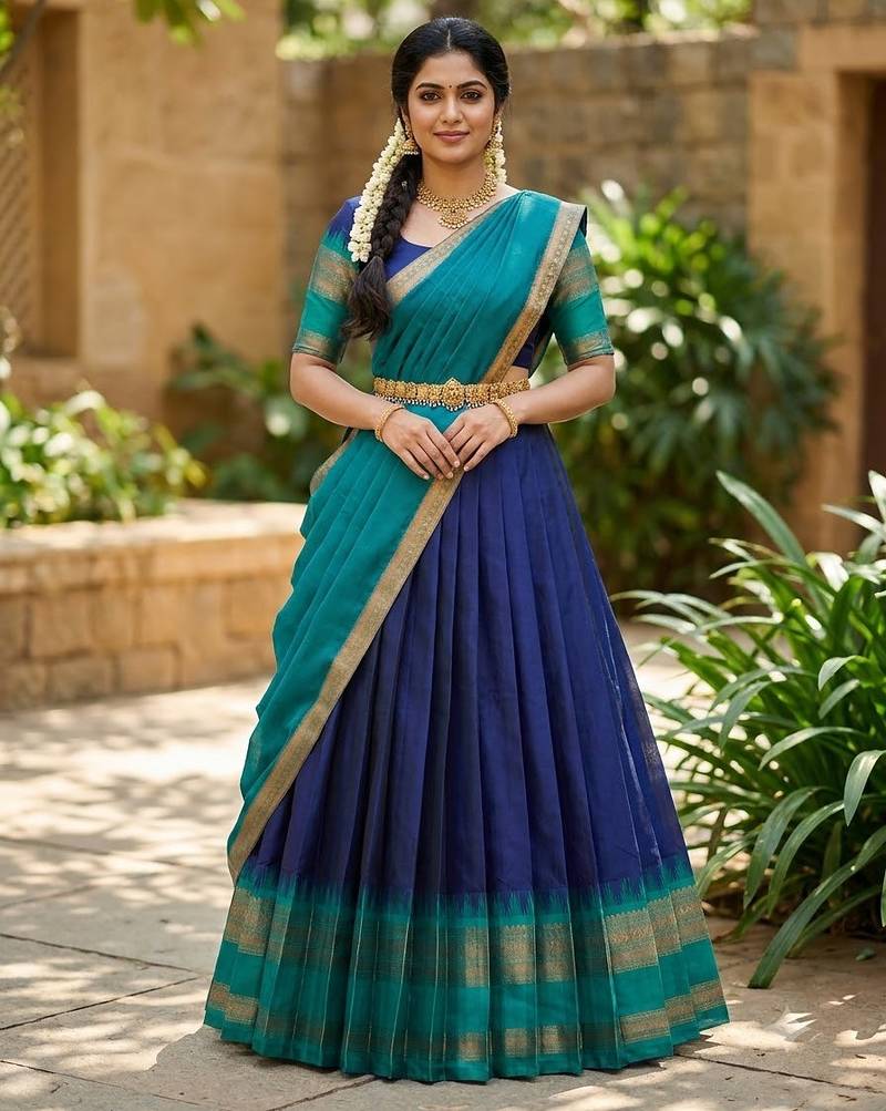 South Indian Style Semi-Stitched Half Saree with Blouse and Dupatta