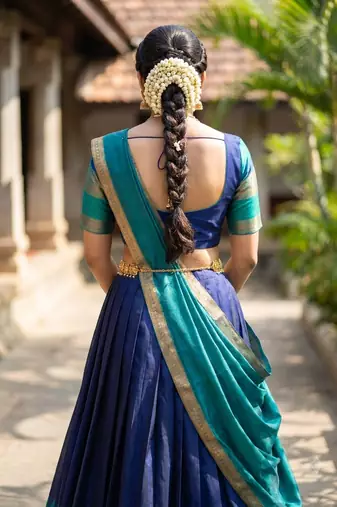 South Indian Style Semi-Stitched Half Saree with Blouse and Dupatta