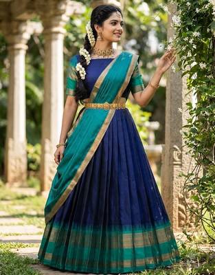 South Indian Style Semi-Stitched Half Saree with Blouse and Dupatta 3