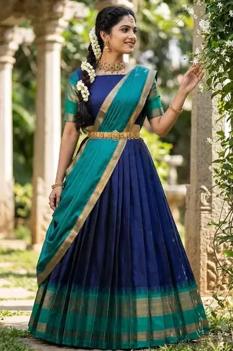 South Indian Style Semi-Stitched Half Saree with Blouse and Dupatta