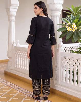 Black embroidered cotton kurta trouser set 2