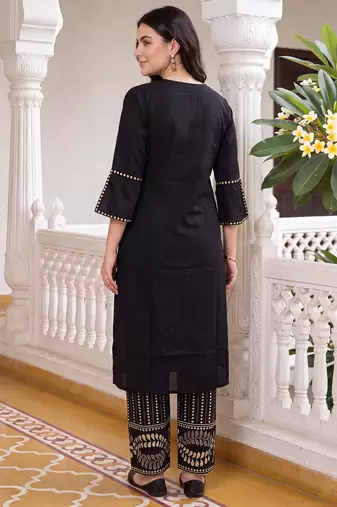 Black embroidered cotton kurta trouser set
