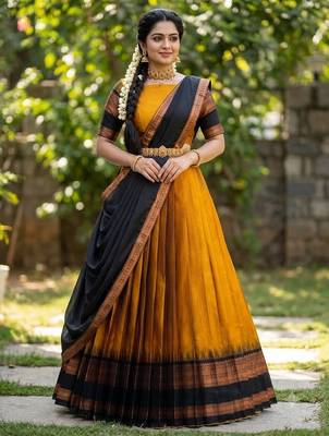 South Indian Style Semi-Stitched Half Saree with Blouse and Dupatta 1