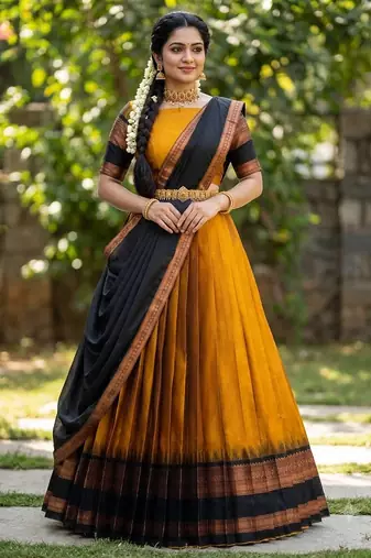 South Indian Style Semi-Stitched Half Saree with Blouse and Dupatta