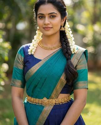 South Indian Style Semi-Stitched Half Saree with Blouse and Dupatta 4