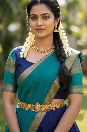 South Indian Style Semi-Stitched Half Saree with Blouse and Dupatta