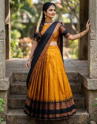 South Indian Style Semi-Stitched Half Saree with Blouse and Dupatta 2