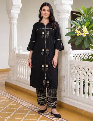 Black embroidered cotton kurta trouser set 3