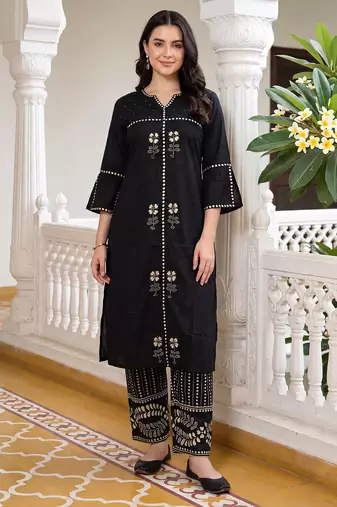Black embroidered cotton kurta trouser set