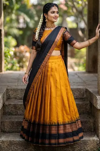 South Indian Style Semi-Stitched Half Saree with Blouse and Dupatta