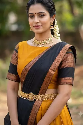 South Indian Style Semi-Stitched Half Saree with Blouse and Dupatta
