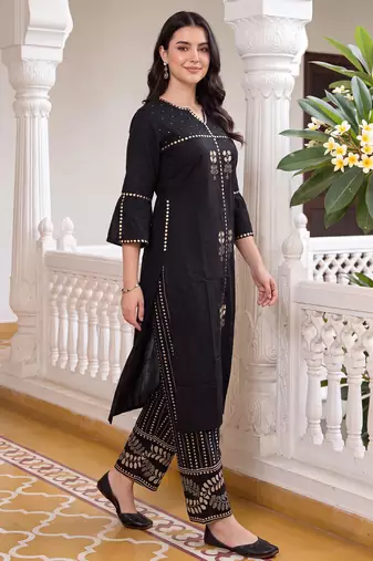 Black embroidered cotton kurta trouser set