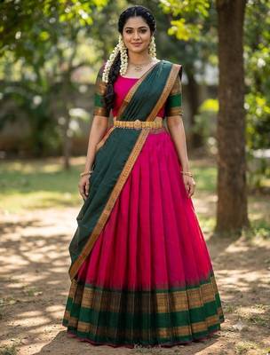 South Indian Style Semi-Stitched Half Saree with Blouse and Dupatta 1
