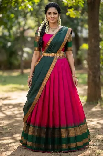 South Indian Style Semi-Stitched Half Saree with Blouse and Dupatta