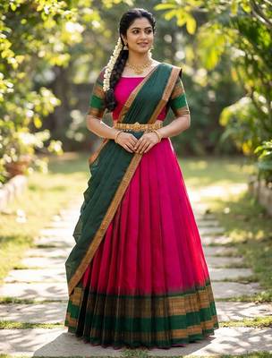 South Indian Style Semi-Stitched Half Saree with Blouse and Dupatta 2