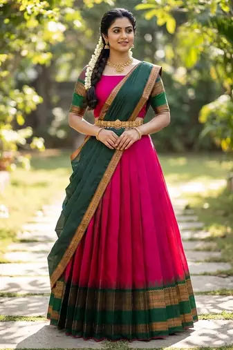South Indian Style Semi-Stitched Half Saree with Blouse and Dupatta