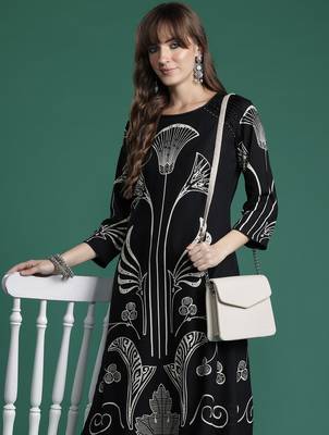 Black printed viscose rayon kurta trouser set 1