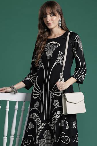 Black printed viscose rayon kurta trouser set