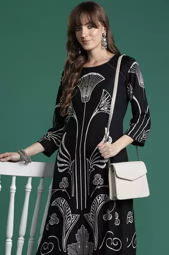 Black printed viscose rayon kurta trouser set