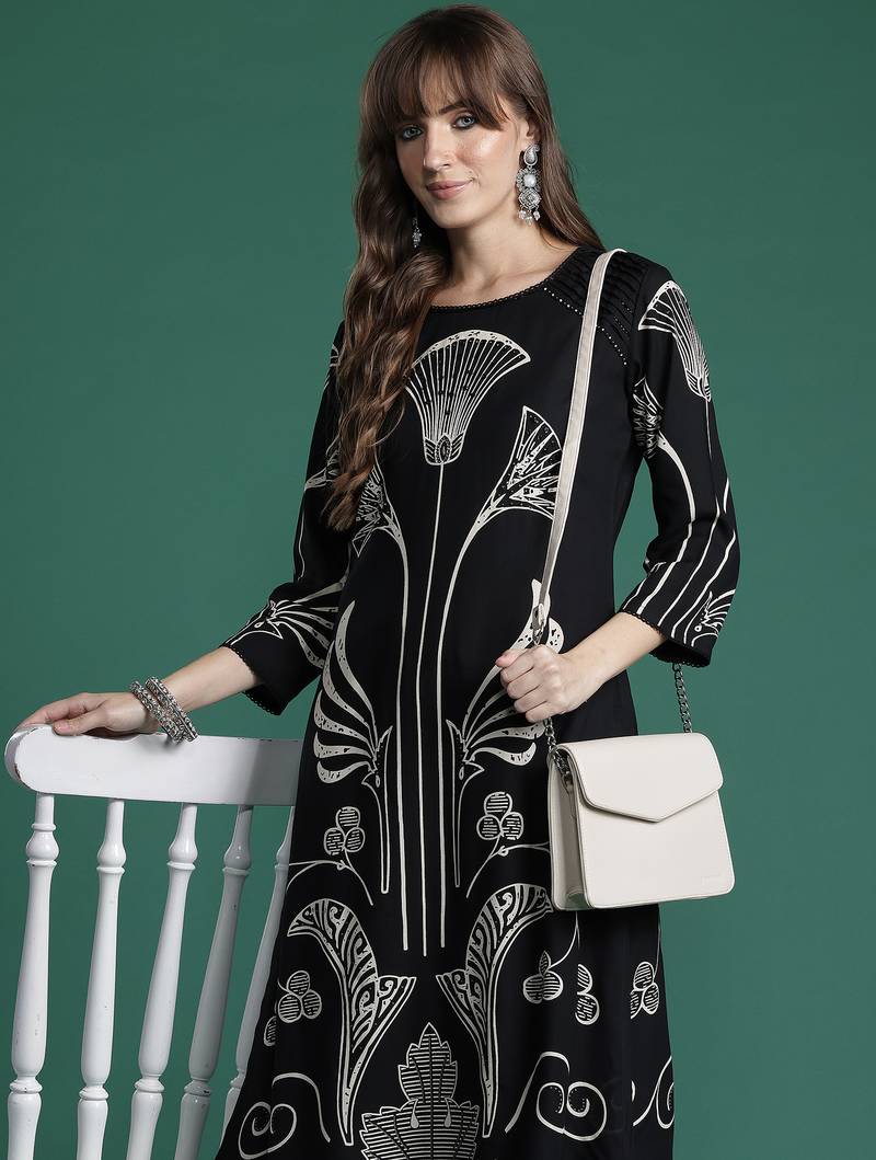 Black printed viscose rayon kurta trouser set