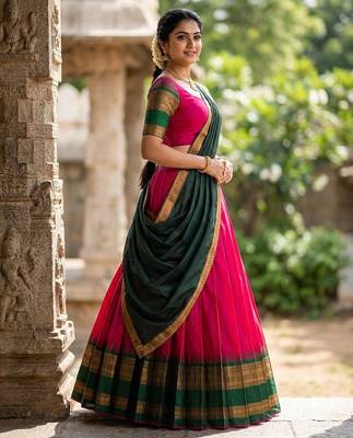 South Indian Style Semi-Stitched Half Saree with Blouse and Dupatta 3
