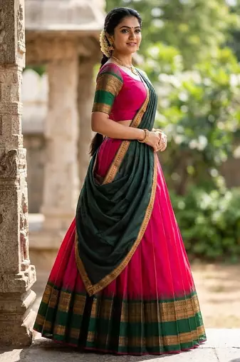South Indian Style Semi-Stitched Half Saree with Blouse and Dupatta