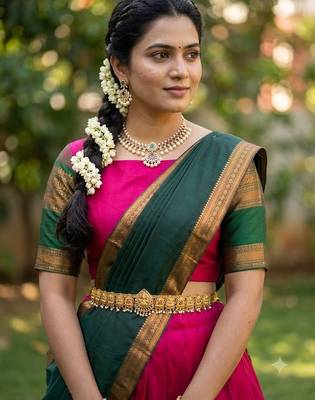 South Indian Style Semi-Stitched Half Saree with Blouse and Dupatta 4