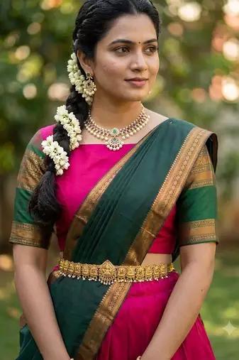 South Indian Style Semi-Stitched Half Saree with Blouse and Dupatta