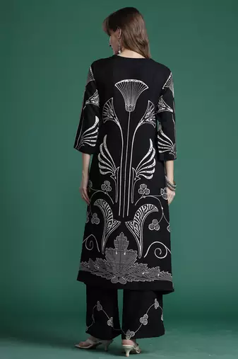 Black printed viscose rayon kurta trouser set