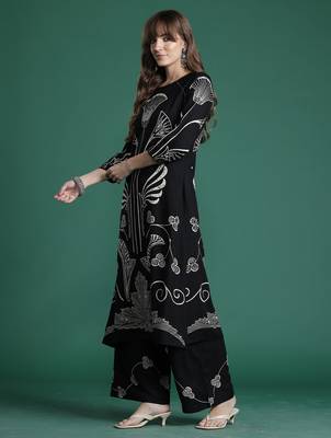 Black printed viscose rayon kurta trouser set 3
