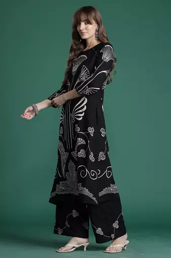 Black printed viscose rayon kurta trouser set