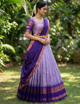 South Indian Style Semi-Stitched Half Saree with Blouse and Dupatta 1