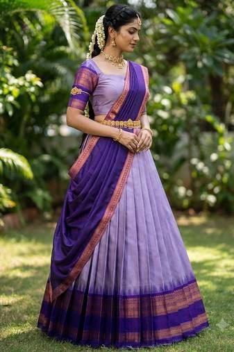 South Indian Style Semi-Stitched Half Saree with Blouse and Dupatta