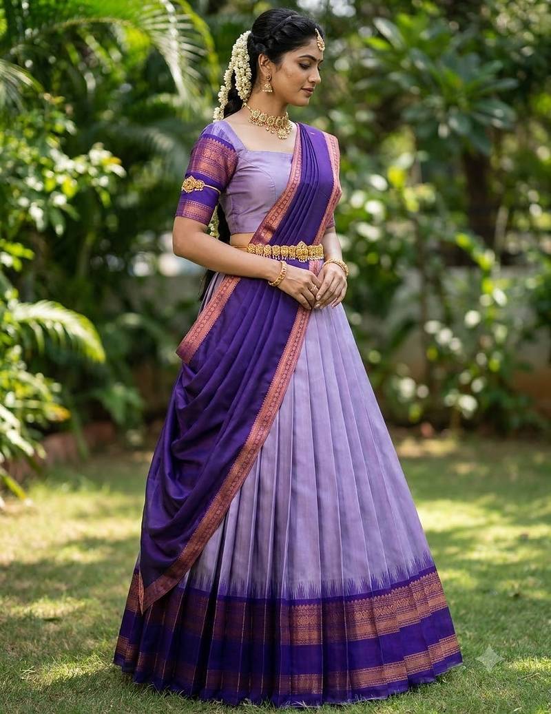 South Indian Style Semi-Stitched Half Saree with Blouse and Dupatta
