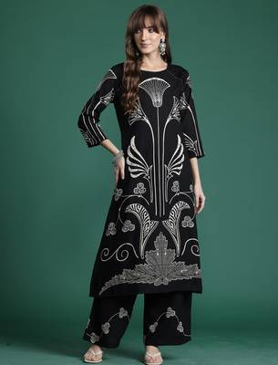 Black printed viscose rayon kurta trouser set 4