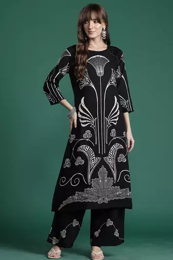 Black printed viscose rayon kurta trouser set