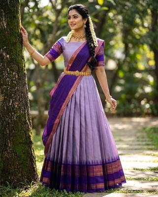 South Indian Style Semi-Stitched Half Saree with Blouse and Dupatta 2