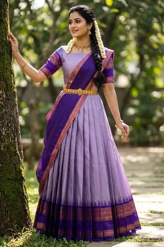 South Indian Style Semi-Stitched Half Saree with Blouse and Dupatta