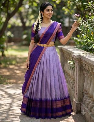 South Indian Style Semi-Stitched Half Saree with Blouse and Dupatta 3