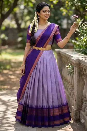 South Indian Style Semi-Stitched Half Saree with Blouse and Dupatta