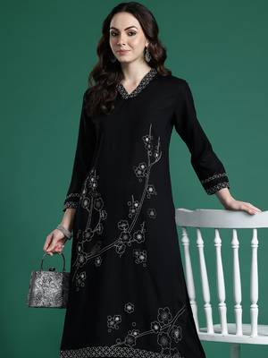 Black embroidered viscose rayon kurta trouser set 1