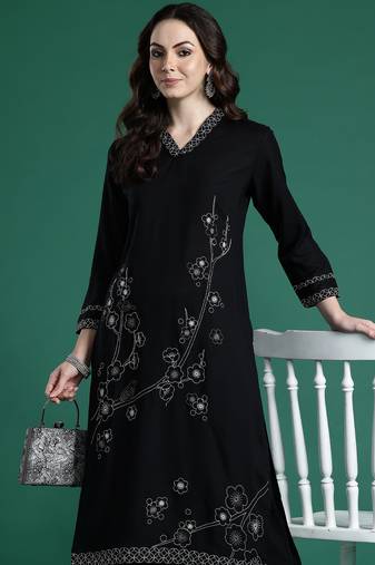 Black embroidered viscose rayon kurta trouser set